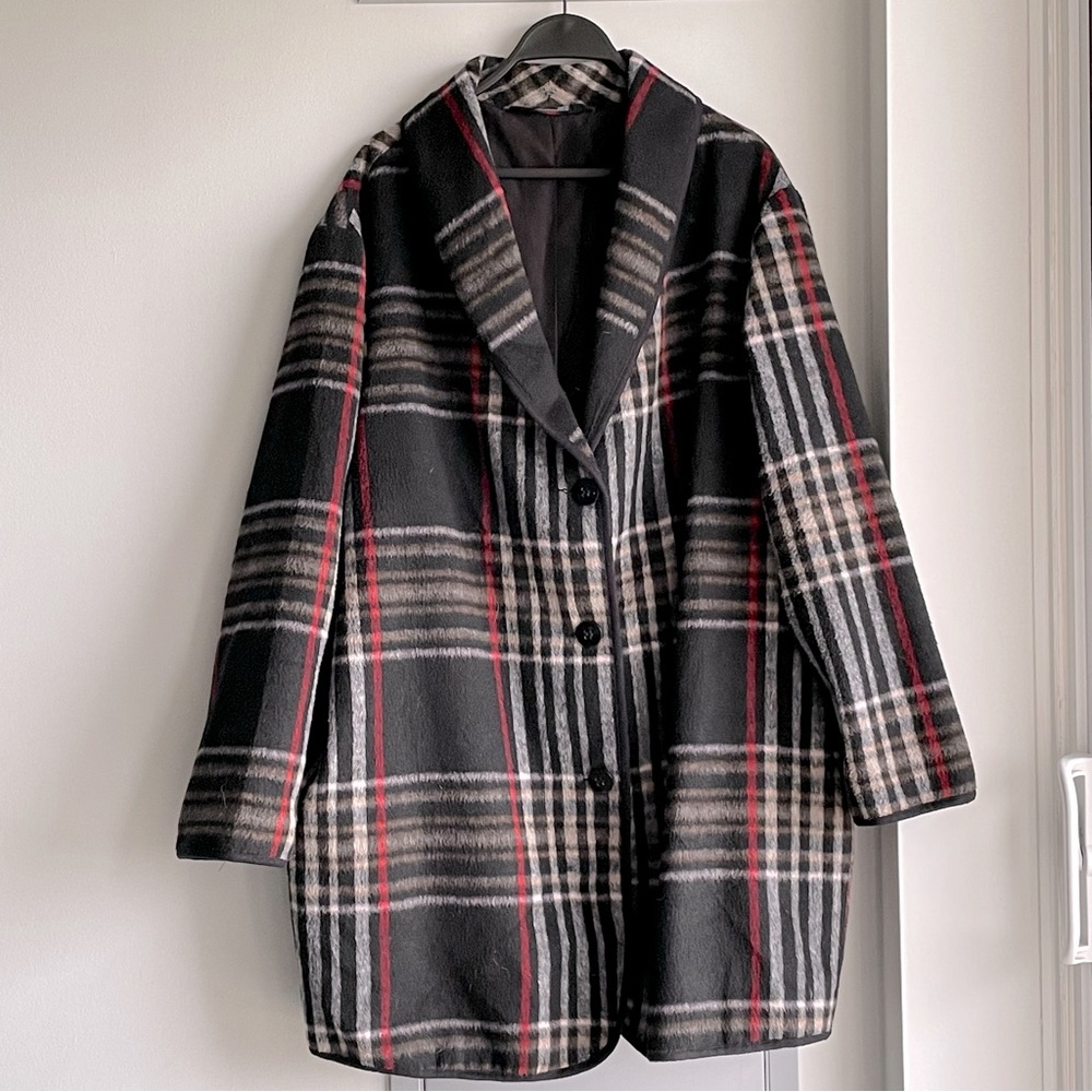 Michel Studio Plaid Wool Blend Coat - Black, Red, and Gray